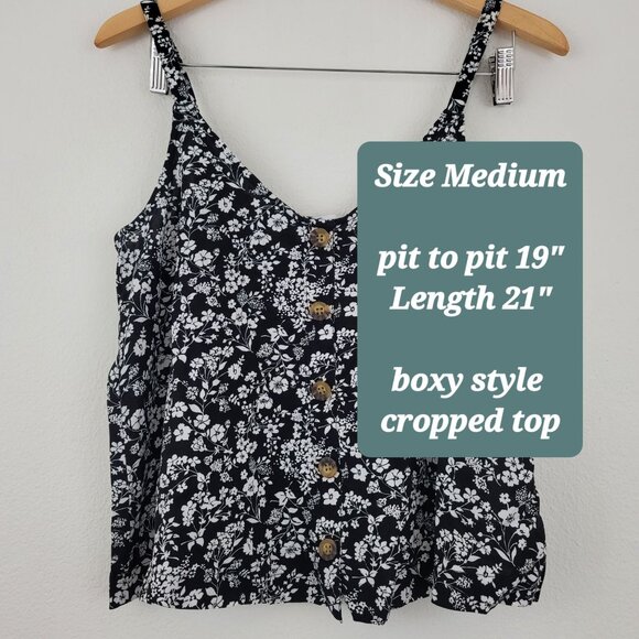 Hollister Black Floral Viscose Sleeveless Blouse Cami Faux Button Boxy Size M - Picture 4 of 9